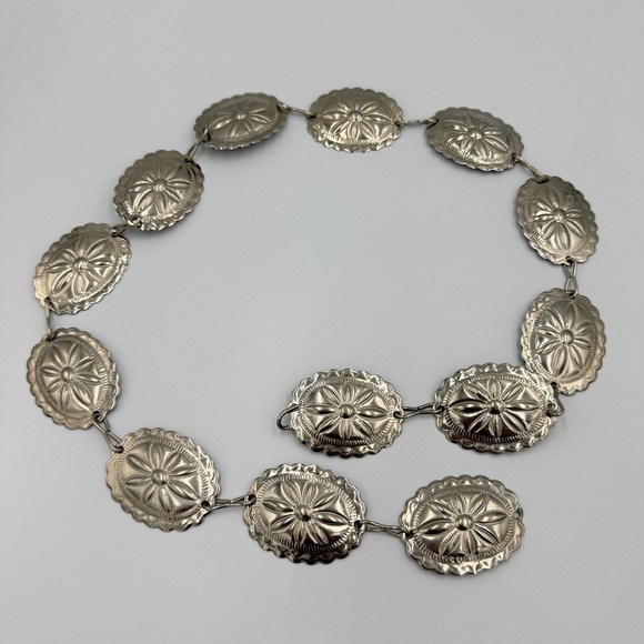 The Unbranded Brand Accessories - Silver Tone Concho Chain Belt 36" Floral Stamped Oval Boho Western Festival